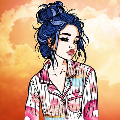 realistic woman with pajamas on and a messy bun