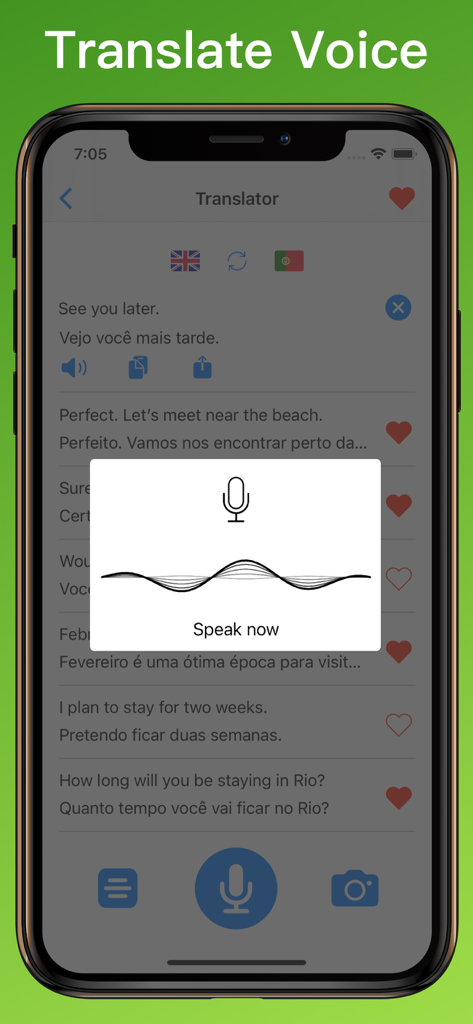 ポルトガル語翻訳プラスアプリの音声翻訳インターフェース。「話す」プロンプトを表示。
