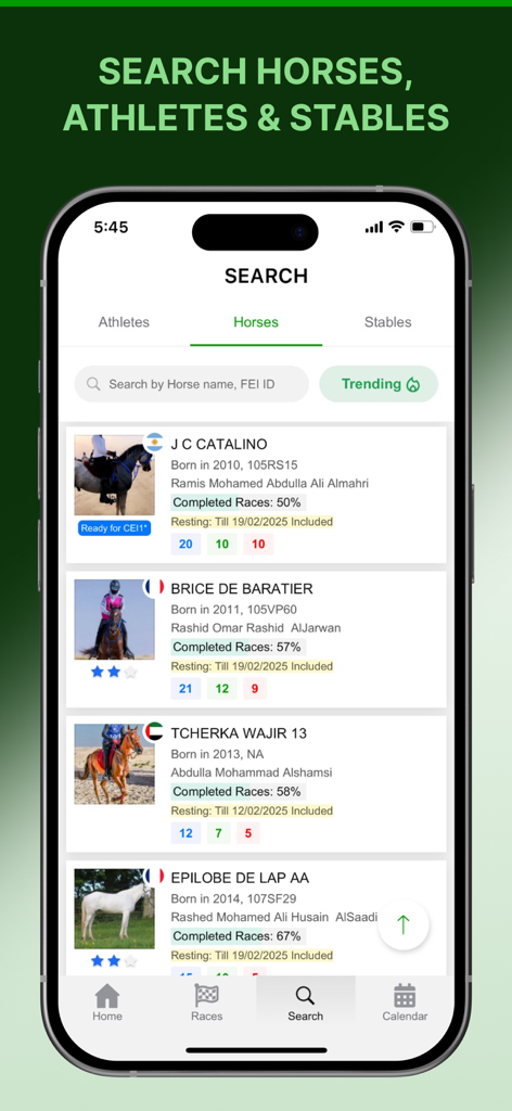 YamamahApp - 完走率とパフォーマンスデータを含むエンデュランス競技馬のリストを表示するYamamahAppのモバイル検索インターフェース