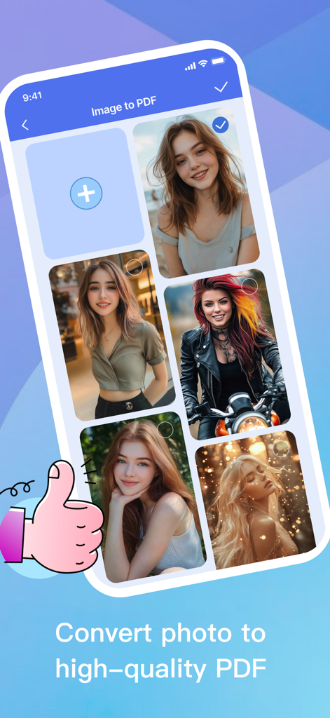 FlowPDFアプリのインターフェース。複数の画像を高品質PDFに変換するためのオプションが表示されています。