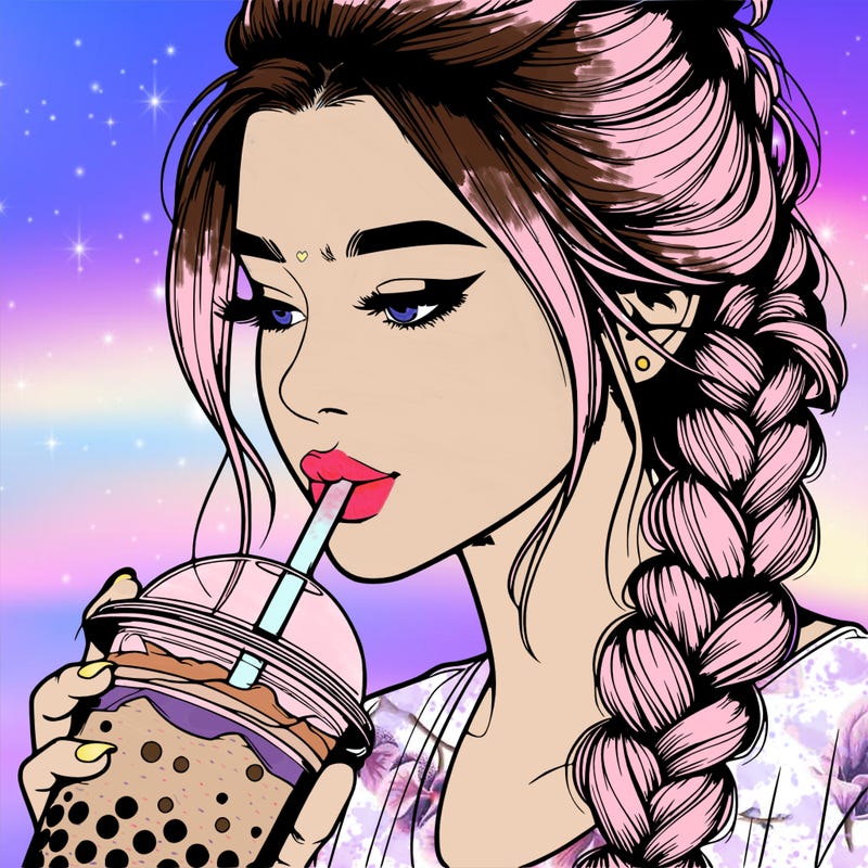 realistic girl drinking boba tea with braided hair