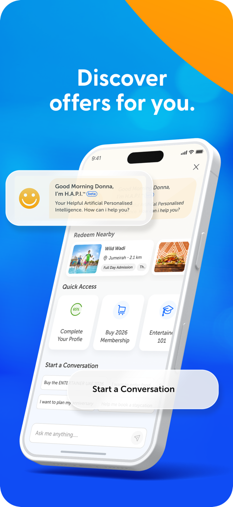 Die ENTERTAINER-App zeigt den HAPI KI-Assistenten und personalisierte Angebote in der Nähe auf einem Smartphone an.