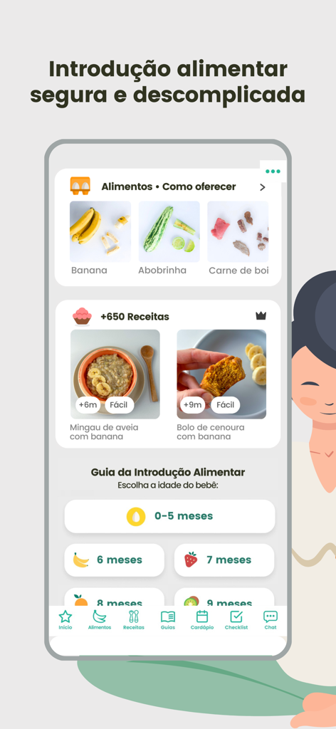L'écran de l'application mobile BLW Brasil présentant des guides de préparation des aliments et des recettes pour la diversification menée par l'enfant.