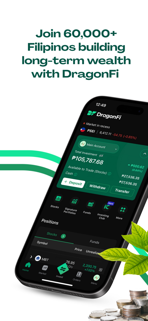 DragonFi – Stocks & Funds - Schermata di un telefono cellulare che mostra la dashboard dell'app DragonFi con i dettagli del portfolio di investimenti.
