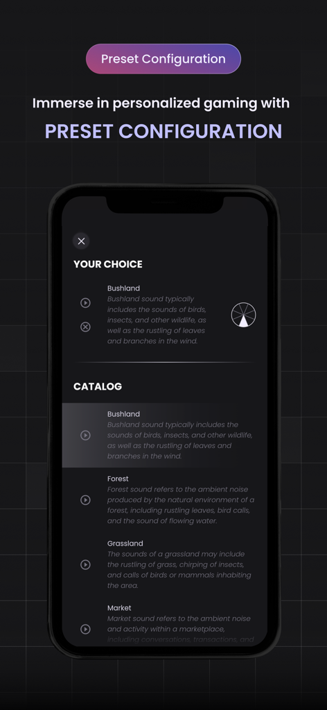 TableTone: TTRPG Music & Sound - Interfaz de la aplicación TableTone que muestra la configuración de preajustes para elegir música de fondo y sonidos de TTRPG