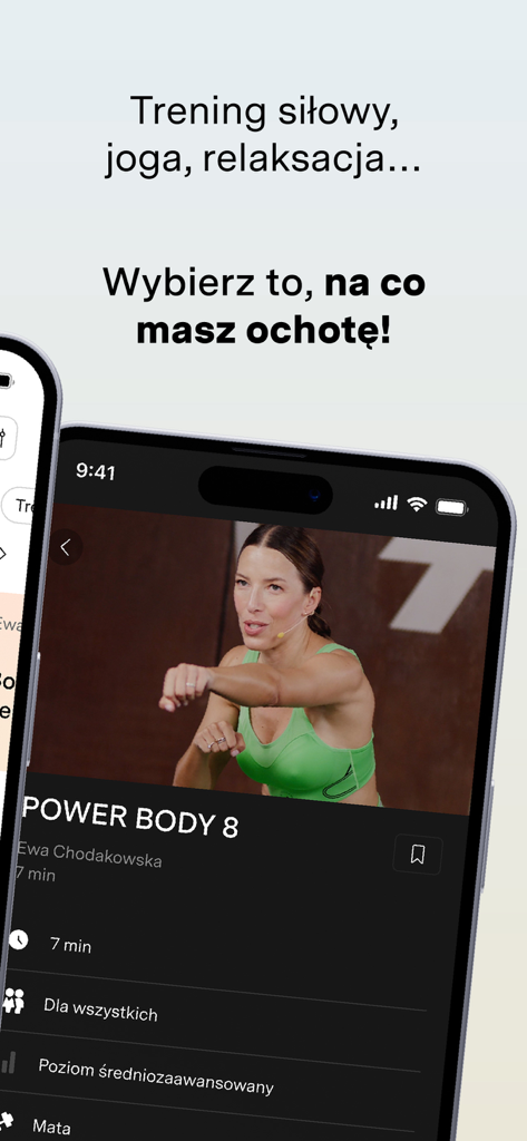 BeActiveTV app interface showing a Power Body 8 workout with Ewa Chodakowska