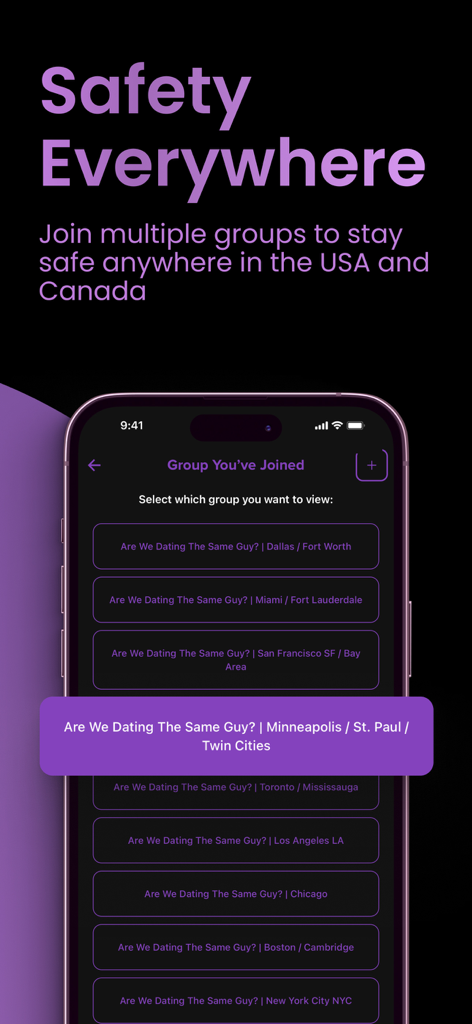 Are We Dating The Same Guy? - Are We Dating The Same Guy 앱 인터페이스로, 미국과 캐나다에서의 안전을 위한 도시 그룹 목록을 보여줍니다.