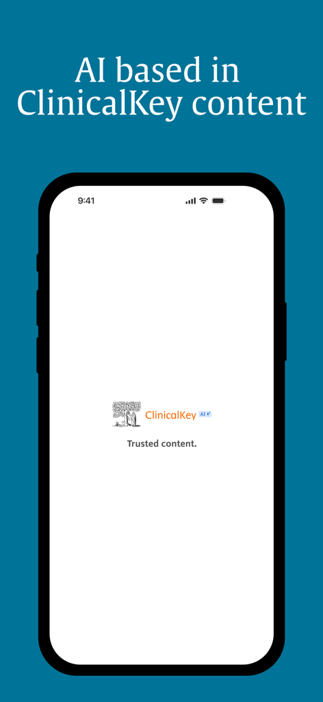 ClinicalKey AI app splash screen featuring the trusted content message on a mobile device.
