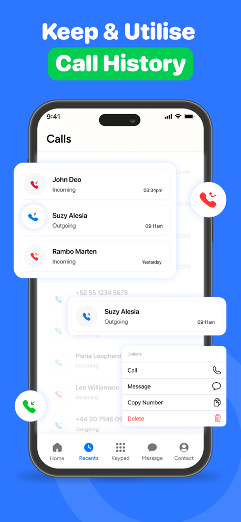 Tela do iPhone mostrando a interface do histórico de chamadas do aplicativo Second Line com opções de contato