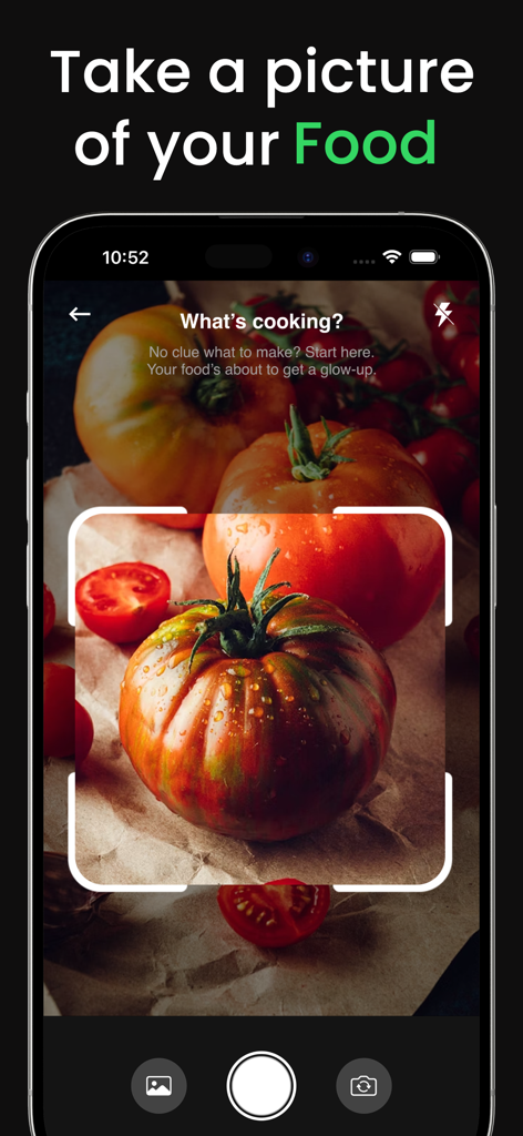 AI Recipe - Cooking Ideas - AIレシピアプリのスマートフォンインターフェース。調理のアイデアを生成するために、新鮮なトマトをスキャンしています。
