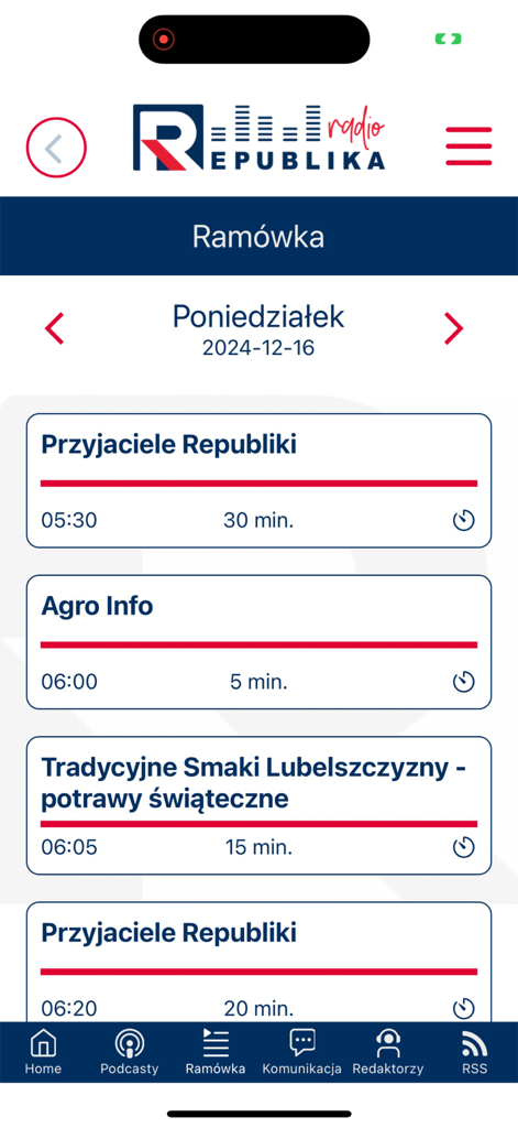 Radio Republika - Schedule screen of the Radio Republika app showing a list of daily programs and times