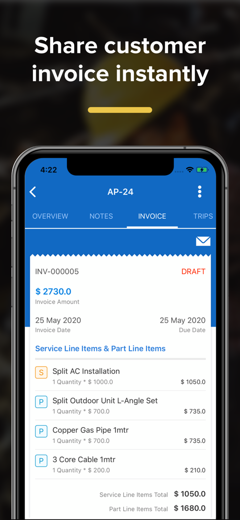 Zoho FSM - Interface móvel do Zoho FSM mostrando a geração instantânea de faturas para o cliente
