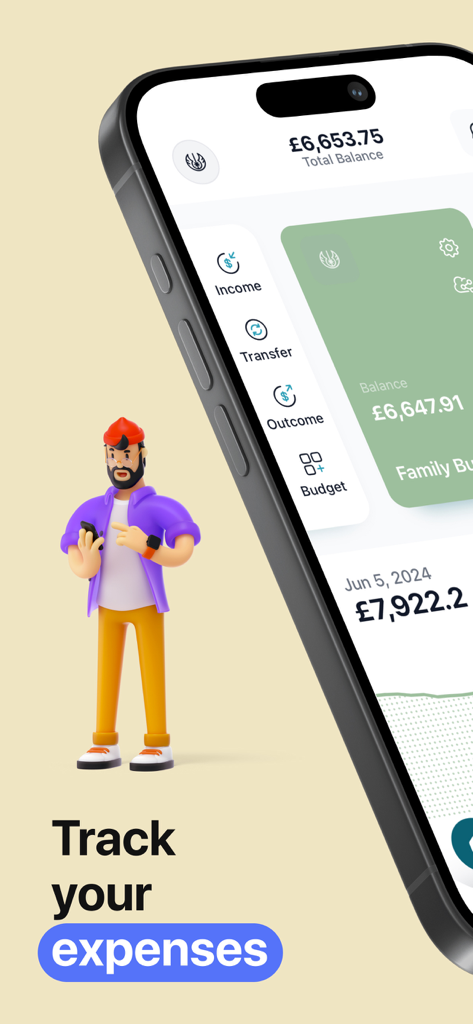 Money Flow: Easy Budget App - Interface do aplicativo Money Flow em uma tela de smartphone mostrando o saldo total e as opções de rastreamento de despesas