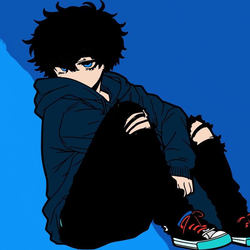 a male hoddie ripped jeans messy hair anime