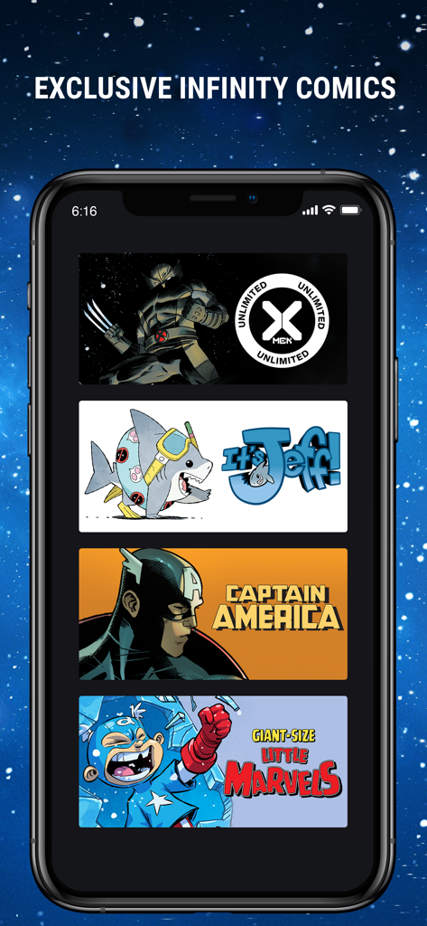 Smartphone-Bildschirm mit exklusiven Marvel Infinity Comics-Titeln wie X-Men, Captain America und Little Marvels