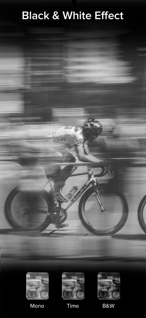 Video Slow Fast Speed Editor - Mobile app screen showing a black and white motion blur effect applied to a cyclist video