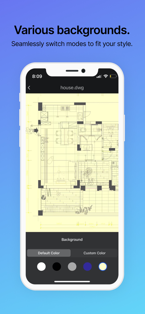 CAD FastView King: DWG Viewer - CAD FastView King app interface showing an architectural floor plan with customizable background colors on an iPhone.