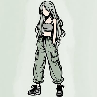 girl in baggy pants crop top and long hair