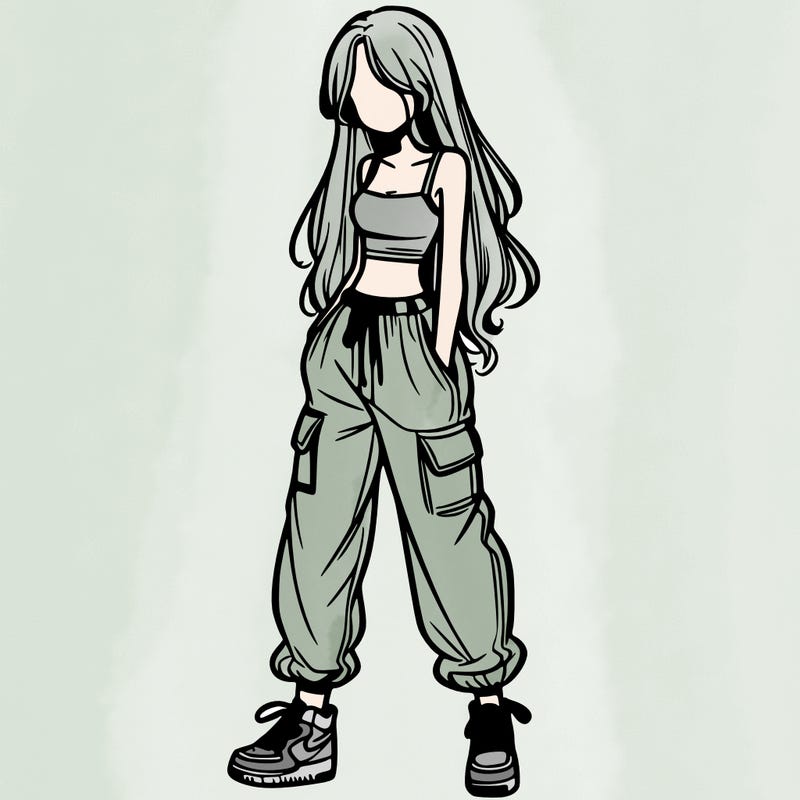 girl in baggy pants crop top and long hair