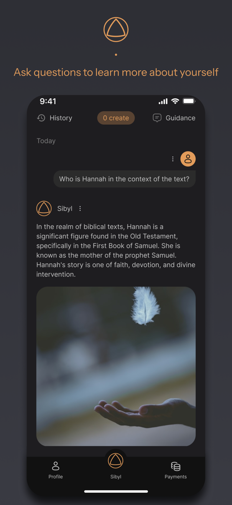 Sibyl AI - Una interfaz de chat de la aplicación Sibyl AI mostrando una conversación de guía espiritual con una imagen generada por IA de una pluma