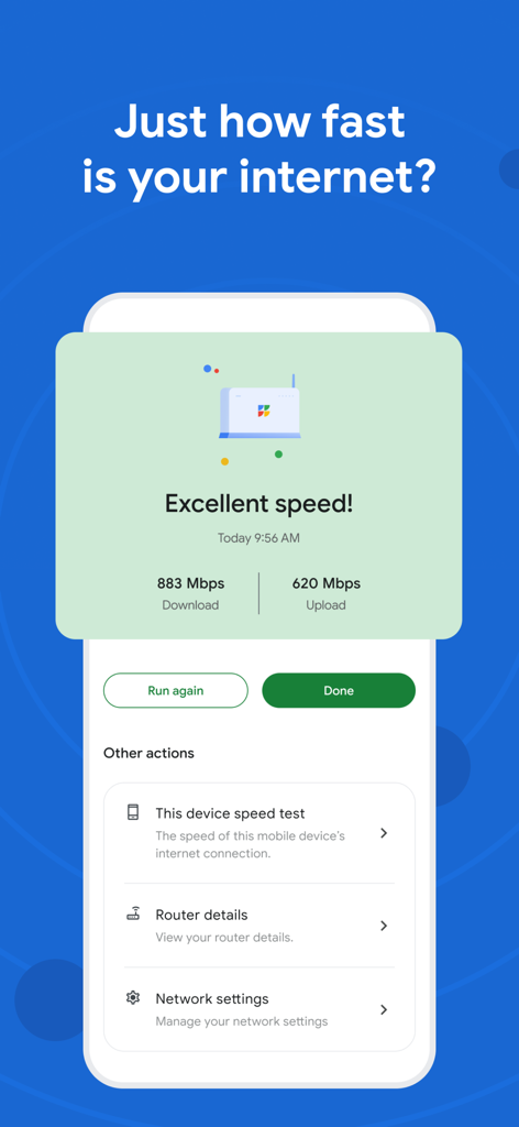 GFiber: The Google Fiber App - Google Fiber app interface showing excellent internet speed test results for download and upload