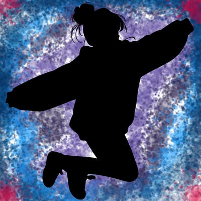 realistic girl jumping with a bun and oversized sweatshirt