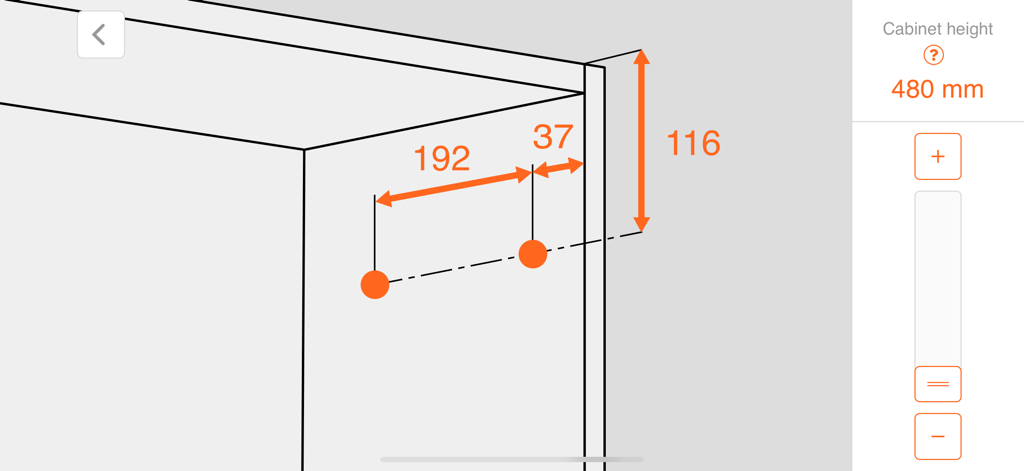 EASY ASSEMBLY - Technical diagram in the EASY ASSEMBLY app showing cabinet drilling measurements and installation specifications.