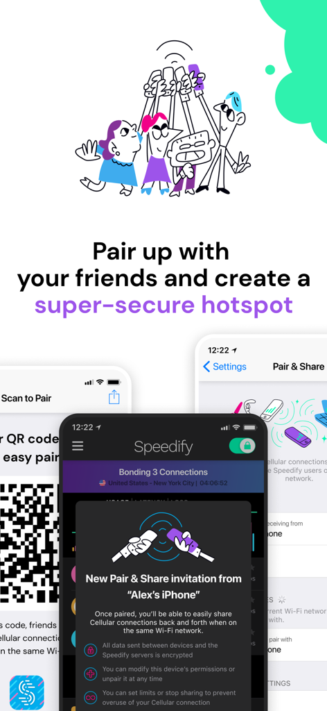 Speedify: Fast Bonding VPN - Speedify app interface demonstrating the Pair and Share feature to create a bonded super-secure hotspot with friends