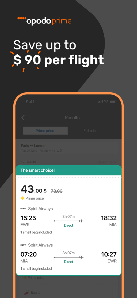 Opodo: Flights, hotels, cars - Interfaz de la aplicación Opodo Prime mostrando precios de vuelos con descuento y ahorros para miembros