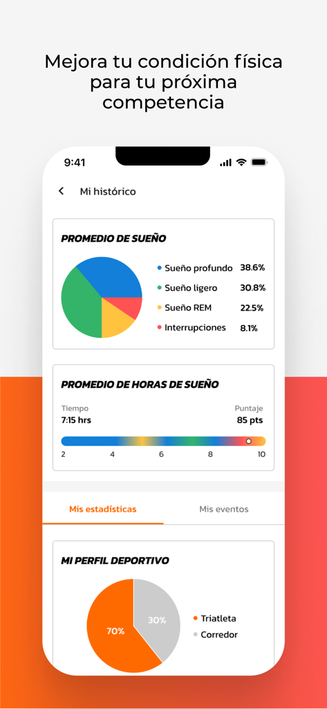 Asdeporte Oficial - Asdeporte app interface showing athlete sleep patterns and performance statistics