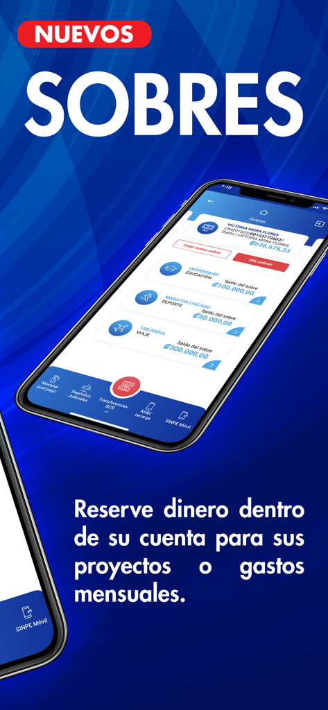 BCR Móvil - Promotional screen for the BCR Movil app Sobres feature showing categorized savings folders for goals like university and travel