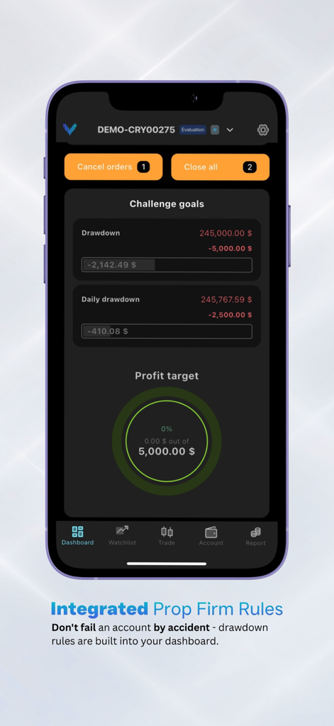VolumetricaFX - Interface mobile VolumetricaFX affichant les objectifs de défi de trading et le suivi des tirages