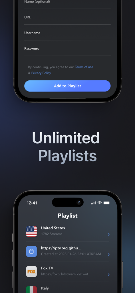 Interfaz del reproductor GSE Smart IPTV mostrando la gestión de listas de reproducción ilimitadas y el formulario para añadir listas de reproducción
