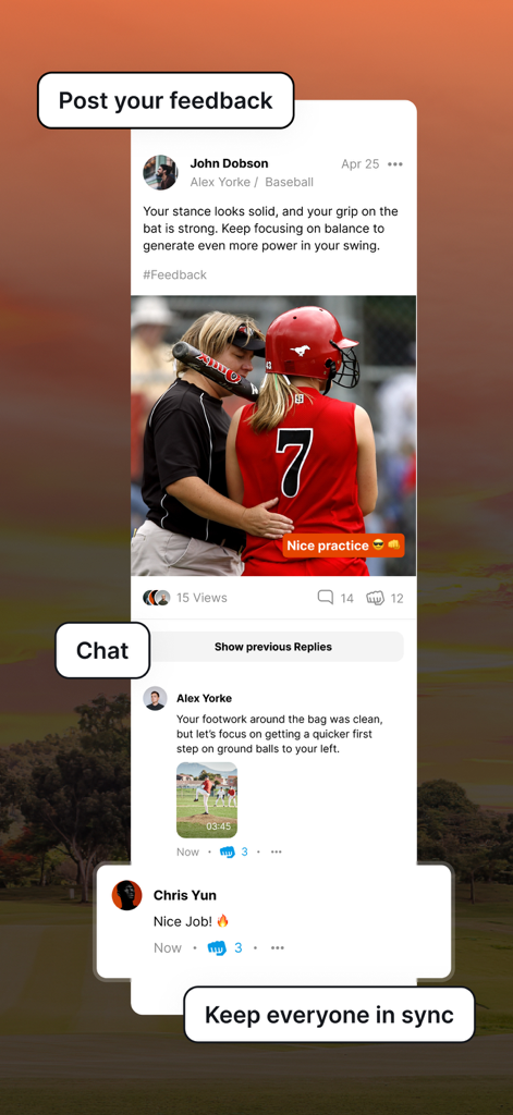 Screenshot of CoachNow app showing coaching feedback and chat features.