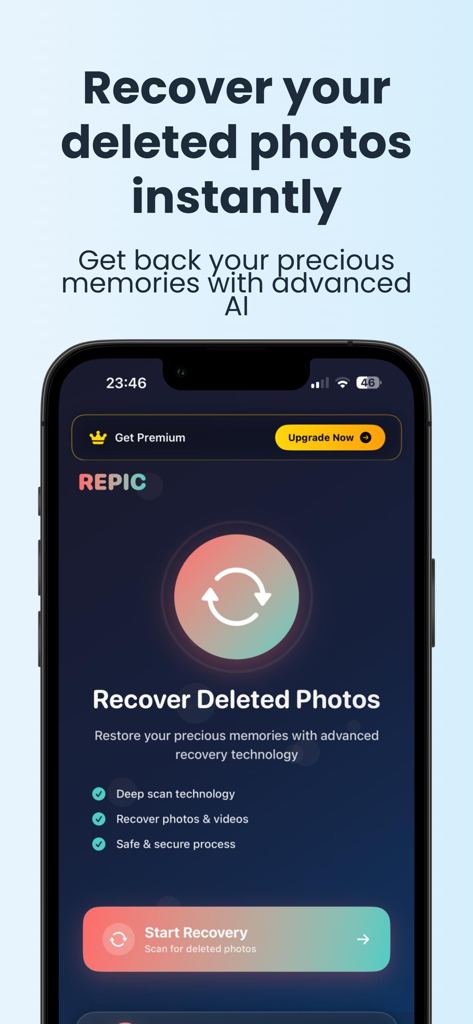Recover Deleted Photos - Repic - Interfaz de la aplicación Repic para recuperar fotos y videos borrados en iPhone