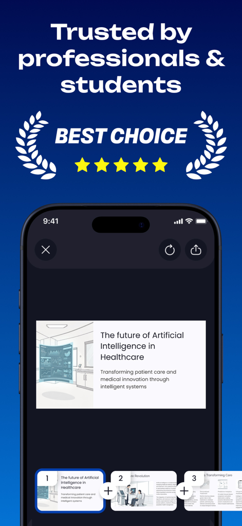 Interface do Gamma AI Slide Maker mostrando uma apresentação gerada por IA sobre saúde com um selo de melhor escolha e classificação de cinco estrelas
