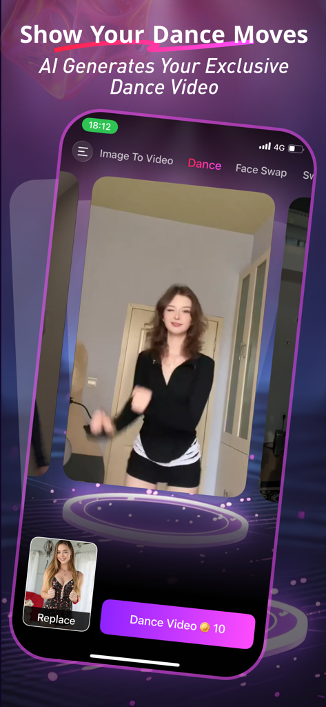 Stymov - Interfaz de la aplicación móvil Stymov mostrando la función de generación de video de baile IA con un personaje bailando.