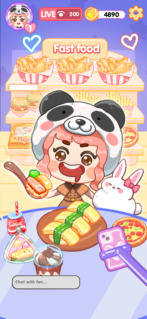 Cakeland: Mukbang ASMR - 귀여운 팬더 모자를 쓴 소녀가 스시와 피자를 먹으며 먹방 라이브 방송을 하고 있는 모습