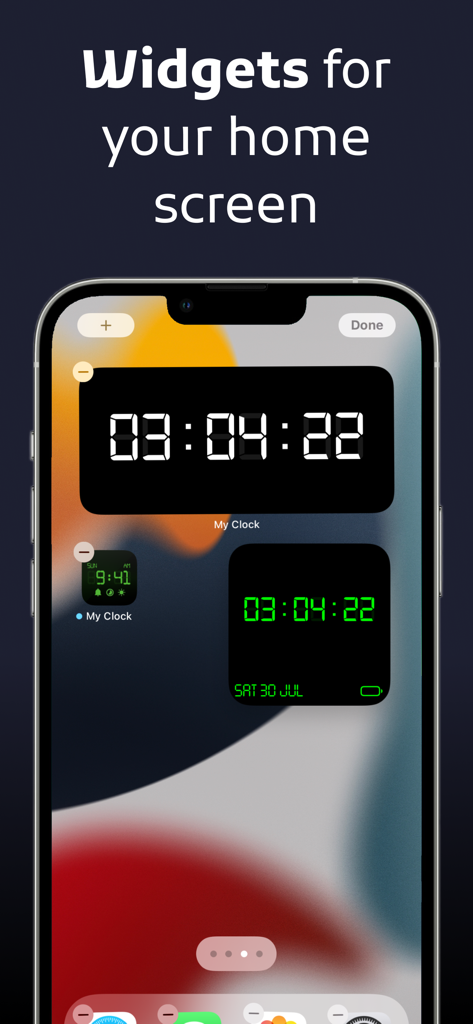 Digital Clock: Night Stand-by - An iPhone home screen featuring several customizable digital clock widgets in different sizes and colors.