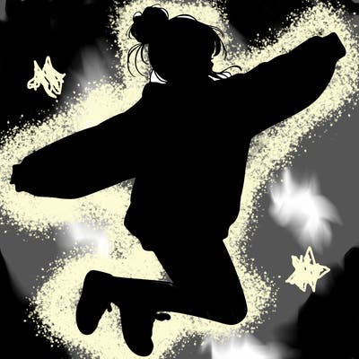 realistic girl jumping with a bun and oversized sweatshirt