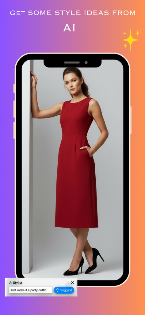 Virtual try on of a red dress with AI stylist suggestions for a party outfit
