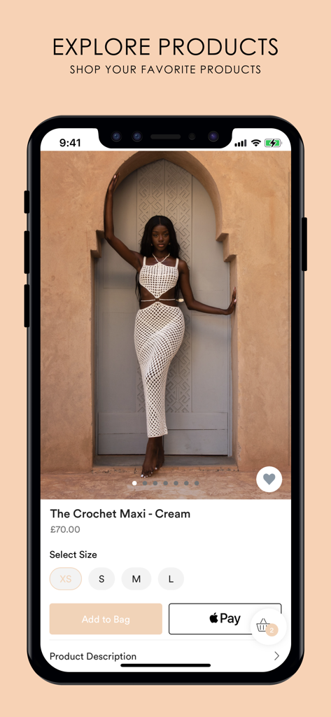 Mars The Label - Mars The Label app product page showing a model in a cream crochet maxi dress with options to select size and add to bag