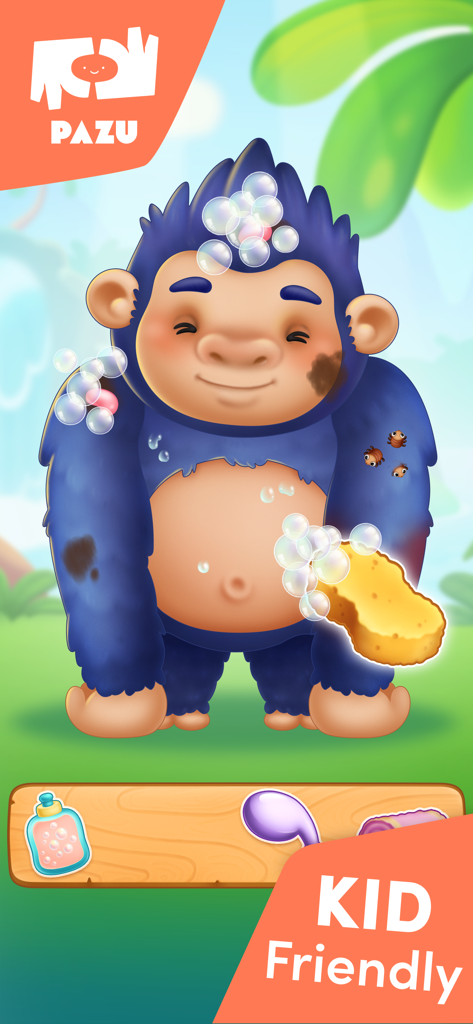 Cleaning a blue gorilla with a soapy sponge in a kid friendly animal care game