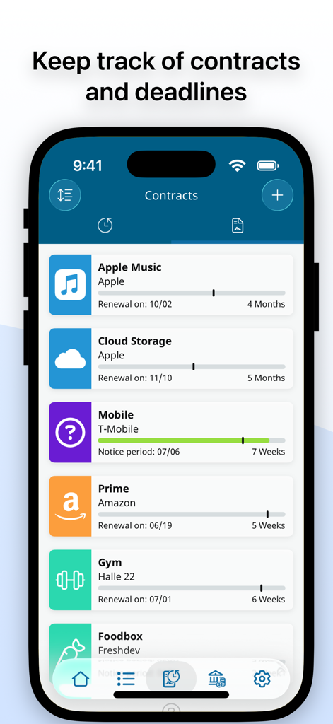 MoneyControl Spending Tracker - MoneyControl app screen displaying a list of subscriptions with their renewal deadlines