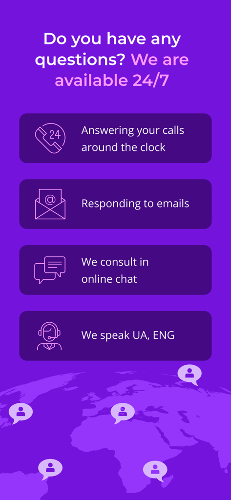 Tickets.ua - Pantalla de atención al cliente de la aplicación Tickets.ua que muestra disponibilidad 24/7 por teléfono, correo electrónico y chat en línea en ucraniano e inglés.