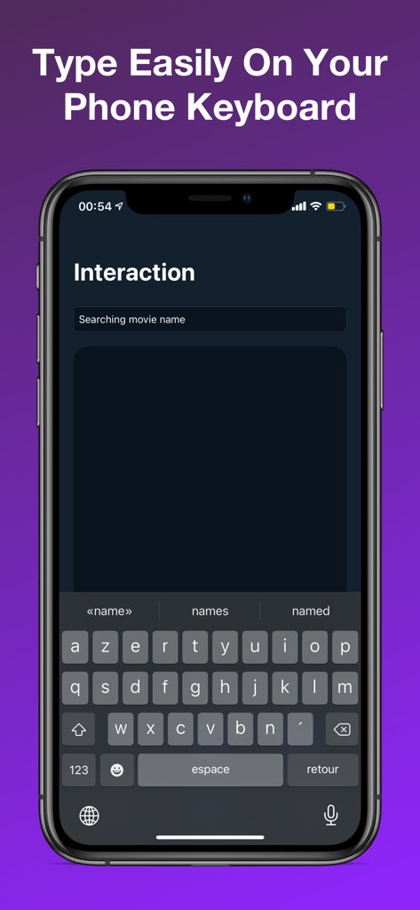 TV Remote Control For Roku - Pantalla de smartphone mostrando un teclado para escribir y buscar películas en TV Roku