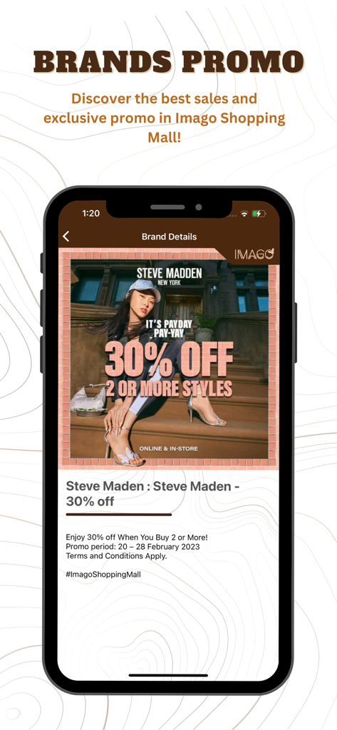 Imago Shopping Mall - Mobile app screen showing a thirty percent discount promotion for Steve Madden at Imago Shopping Mall