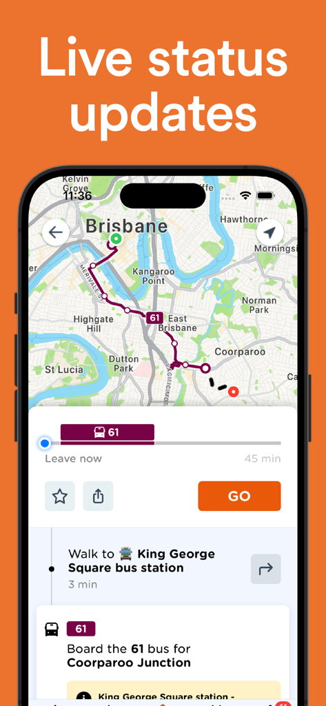 HopToIt: Oz Bus & Train Times - Capture d'écran de l'application HopToIt montrant les mises à jour de statut en direct et une carte de trajet de bus à Brisbane.