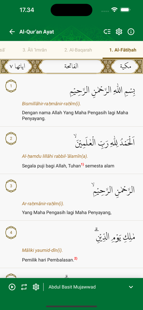 Quran Kemenag app displaying Surah Al-Fatihah with Arabic text and Indonesian translation
