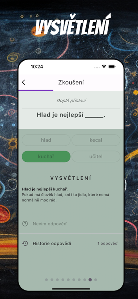 Čeština - チェコ語アプリのクイズ画面。ことわざの穴埋め問題と詳細な文法説明が表示されています。